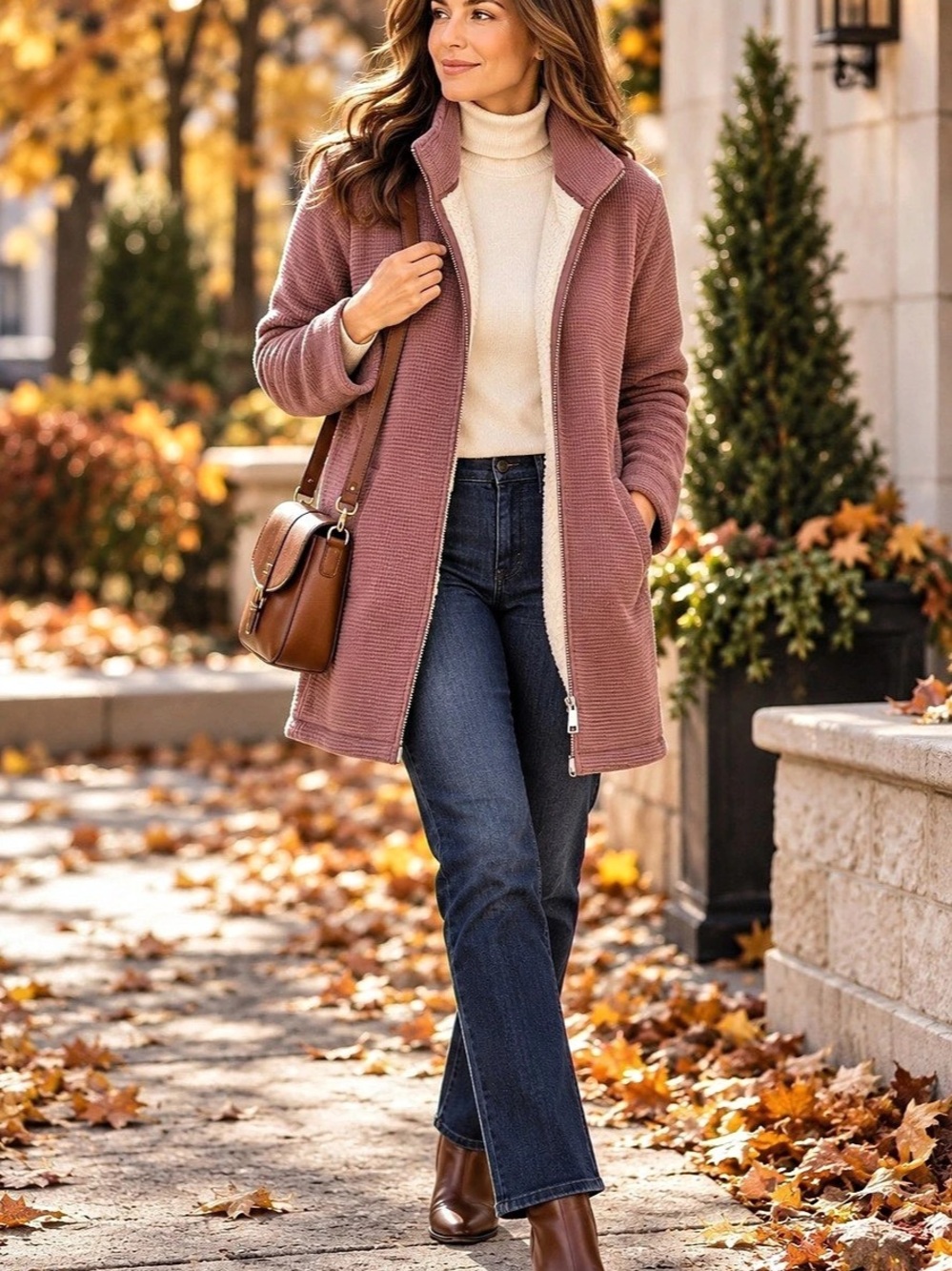 Denim & Co. Women’s Medium Dusty Rose Textured Sherpa Lined Long Zip Coat
